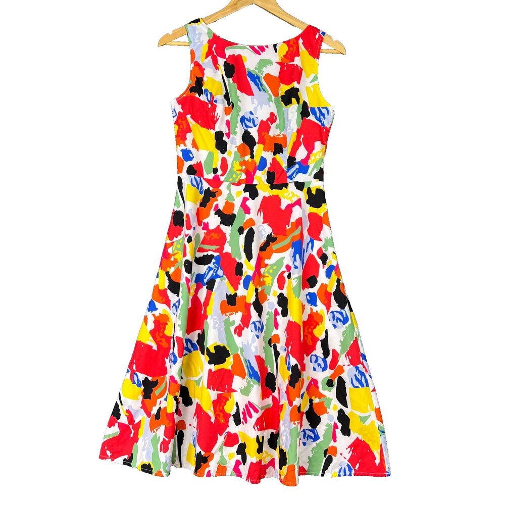 Agiya Abstract Colorful Floral Fit and Flare Dress Sleeveless Multicolor Small